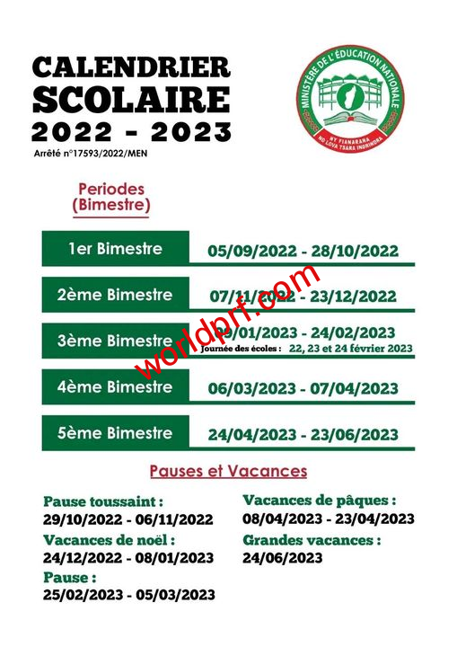 Calendrier Scolaire 2022-2023 Madagascar