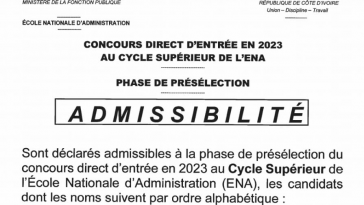 Télécharger la Liste complète des candidats admissibles Concours ENA Cycle Supérieur en Cote d'Ivoire session de 2022-2023