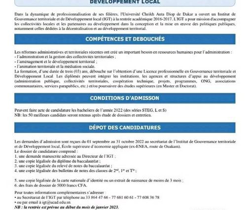 Recrutement IGT UCAD 2022-2023 Sénégal
