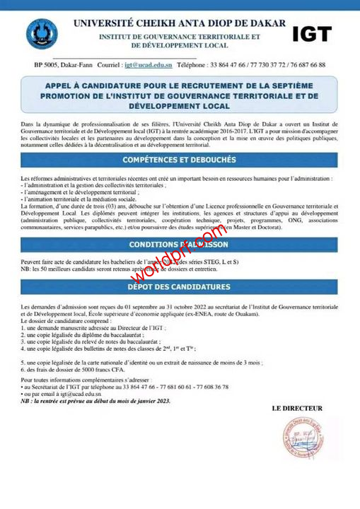 Recrutement IGT UCAD 2022-2023 Sénégal