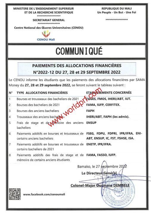 Paiement des allocations Financières aux étudiants Maliens.