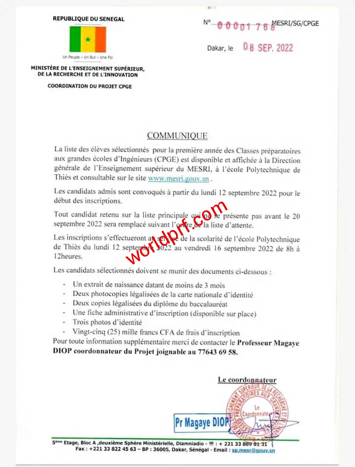 Résultats CPGE Sénégal 2022. Liste des Candidats Sélectionnés pour la première année des Classes Préparatoires aux Grandes Ecoles (CPGE) au Sénégal 2022-2023.