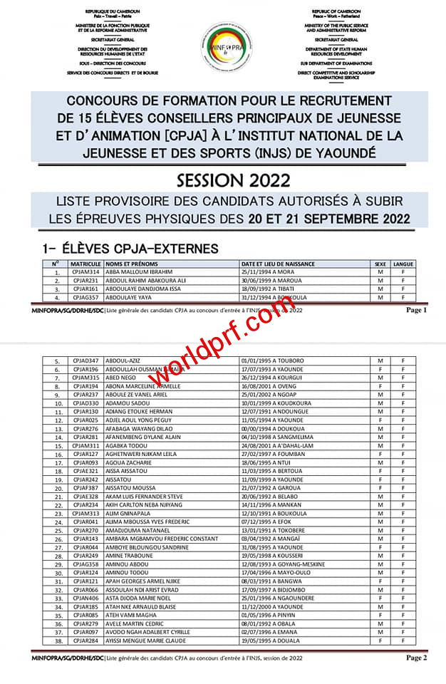 Liste des candidats Recrutement des élèves CPJA CJA PEPS et PAEPS à l'INJS de Yaoundé 2022.
