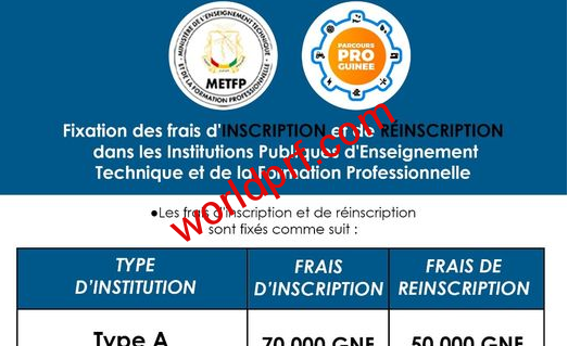 Frais d'inscription et de réinscription Enseignement Technique et Professionnelle en Guinée 2022-2023