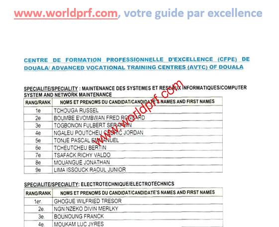 Résultats concours d’entrée dans les Centres de Formation Professionnelle d’Excellence (CFPE) de Douala, Limbé et Sangmélima au Cameroun 2022-2023.