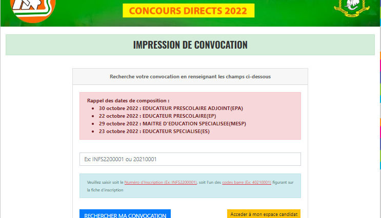 Impression des Convocations concours INFS session de 2022-2023 en Cote d'Ivoire