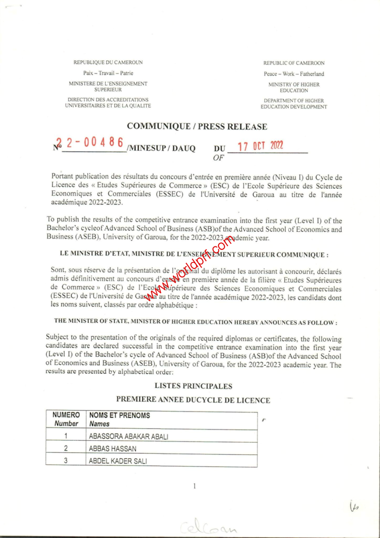 Résultats concours ESSEC de Garoua 2022-2023. Listes complètes des Admis au concours d’entrée à l’ESSEC de Garoua au Cameroun, session de 2022-2023.