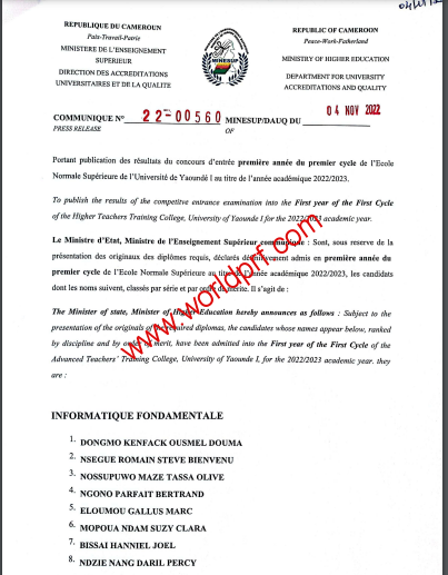 Résultats concours ENS de Yaoundé 2022-2023. Listes des admis ENS de Yaoundé 2022-2023.