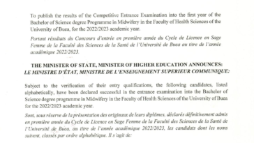 Résultats du Concours d’entrée à la Faculté des Sciences de la Santé (FSS) de l’Université de Buea au titre de l’année académique 2022-2023