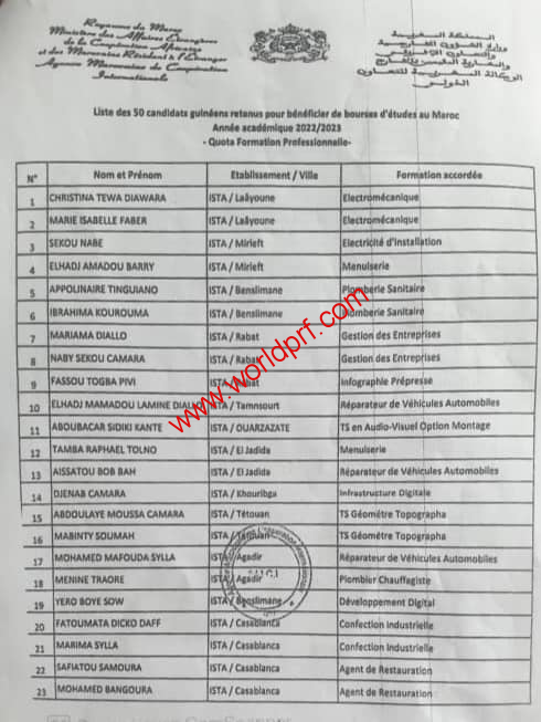 liste PDF des 50 candidats Guinéens de la session 2022 retenus pour suivre des formations professionnelles au Maroc