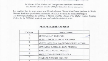 Résultats concours ENS de Yaoundé Classes scientifiques spéciales, session de 2022-2023.