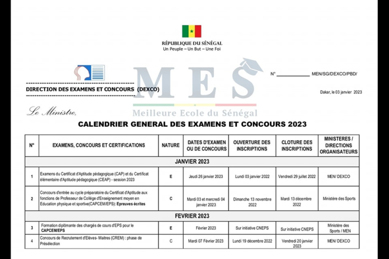 Calendrier des examens et concours 2023 au Sénégal
