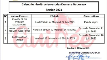 Calendrier Examens Nationaux 2023 en Guinée