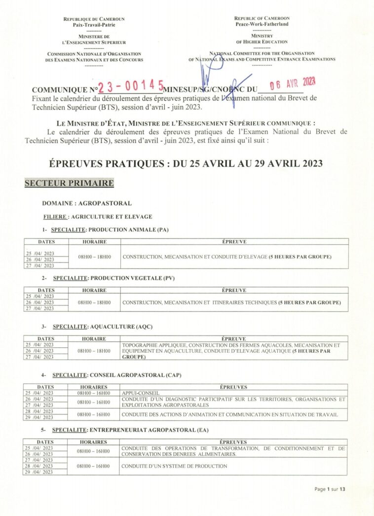 Calendrier épreuves pratiques du BTS 2023 au Cameroun